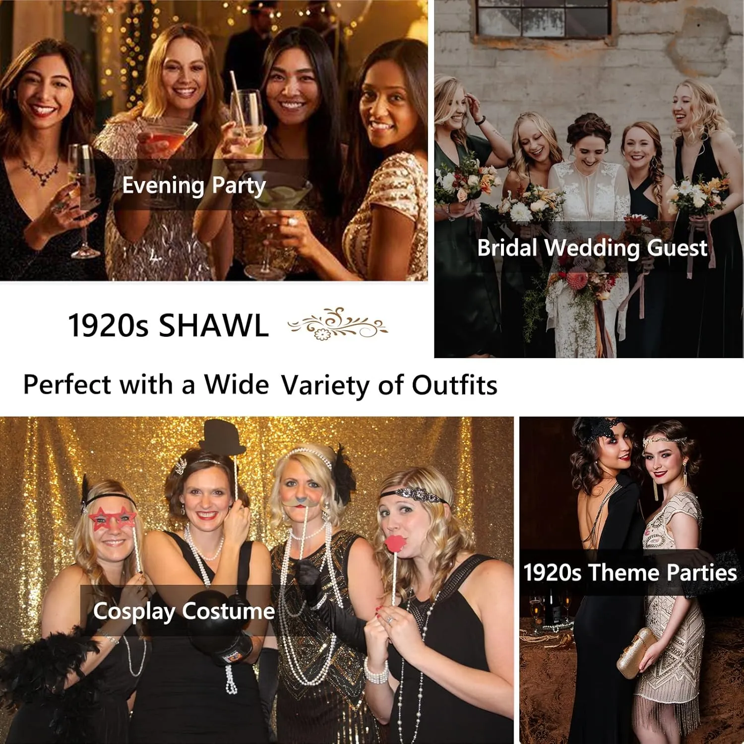 1920s Womens Shawl Wraps Sequin Beaded Bridal Shawls Flapper Evening Cape
