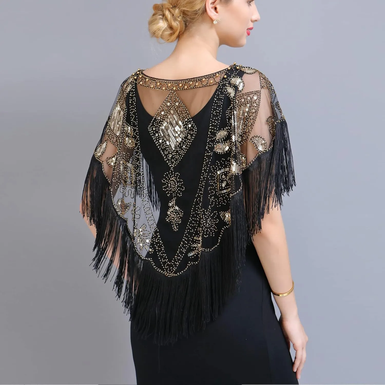 1920s Womens Shawl Wraps Sequin Beaded Bridal Shawls Flapper Evening Cape