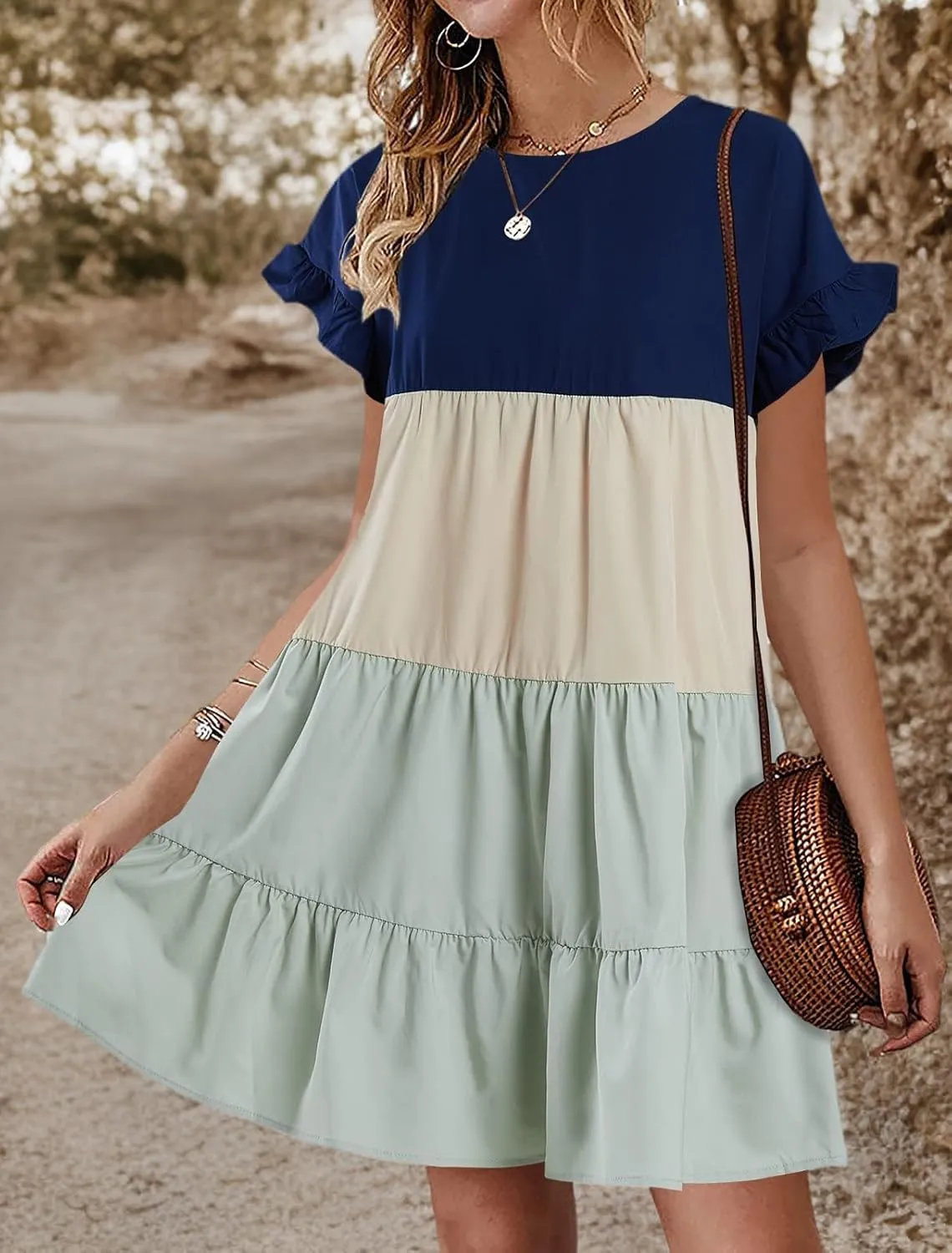 Chuanqi Womens Ruffles Boho Floral Printed Babydoll Loose Swing Casual Short Mini T-Shirt Dress