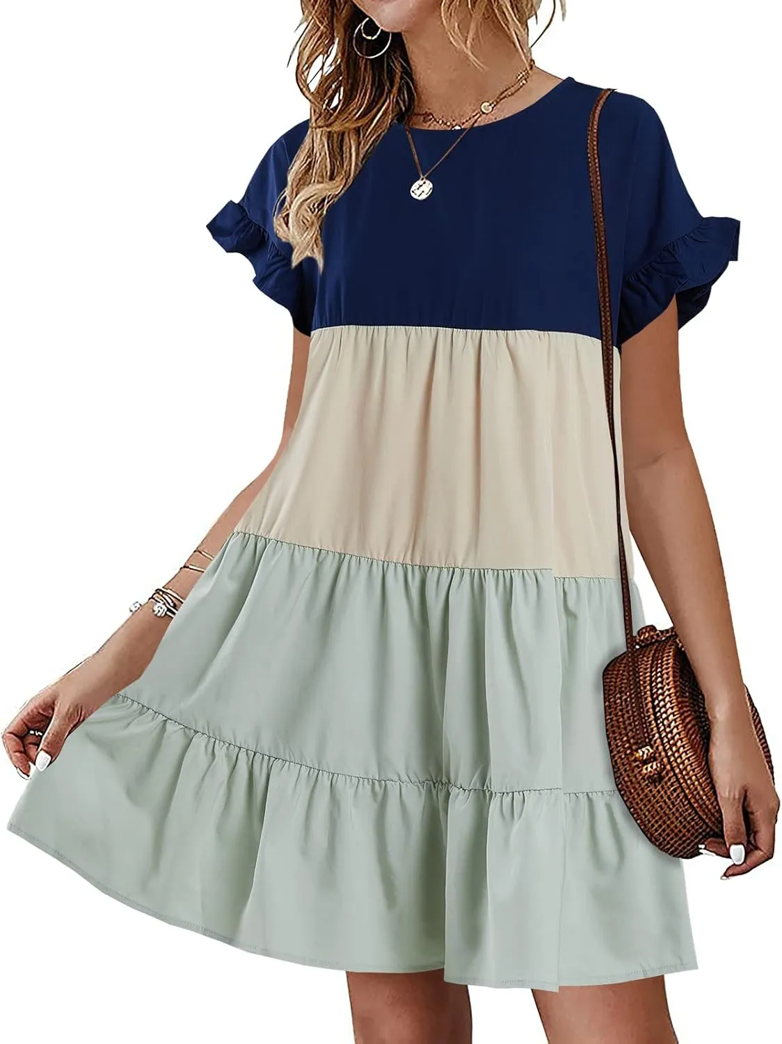 Chuanqi Womens Ruffles Boho Floral Printed Babydoll Loose Swing Casual Short Mini T-Shirt Dress
