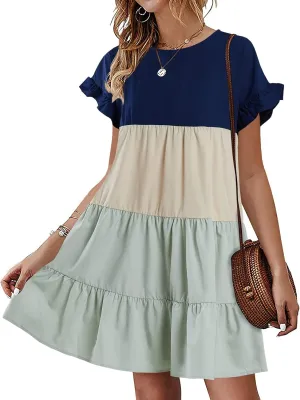 Chuanqi Womens Ruffles Boho Floral Printed Babydoll Loose Swing Casual Short Mini T-Shirt Dress