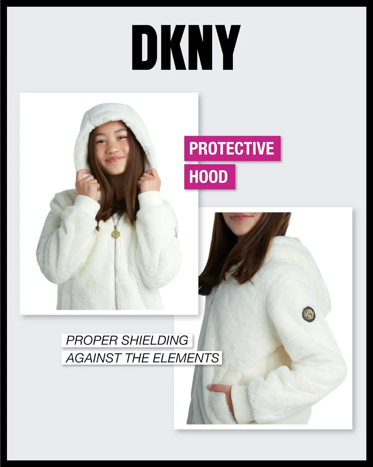DKNY Girls' Winter Jacket - Full Zip Up Faux Fur Sherpa Girl's Bomber Jacket - Warm Hooded Teddy Coat for Girls (7-16)