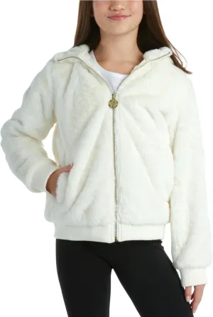 DKNY Girls' Winter Jacket - Full Zip Up Faux Fur Sherpa Girl's Bomber Jacket - Warm Hooded Teddy Coat for Girls (7-16)