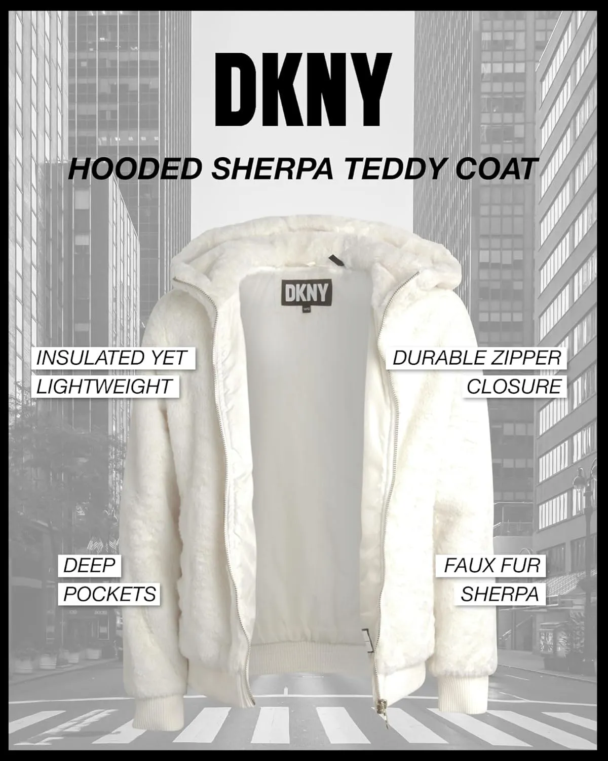 DKNY Girls' Winter Jacket - Full Zip Up Faux Fur Sherpa Girl's Bomber Jacket - Warm Hooded Teddy Coat for Girls (7-16)