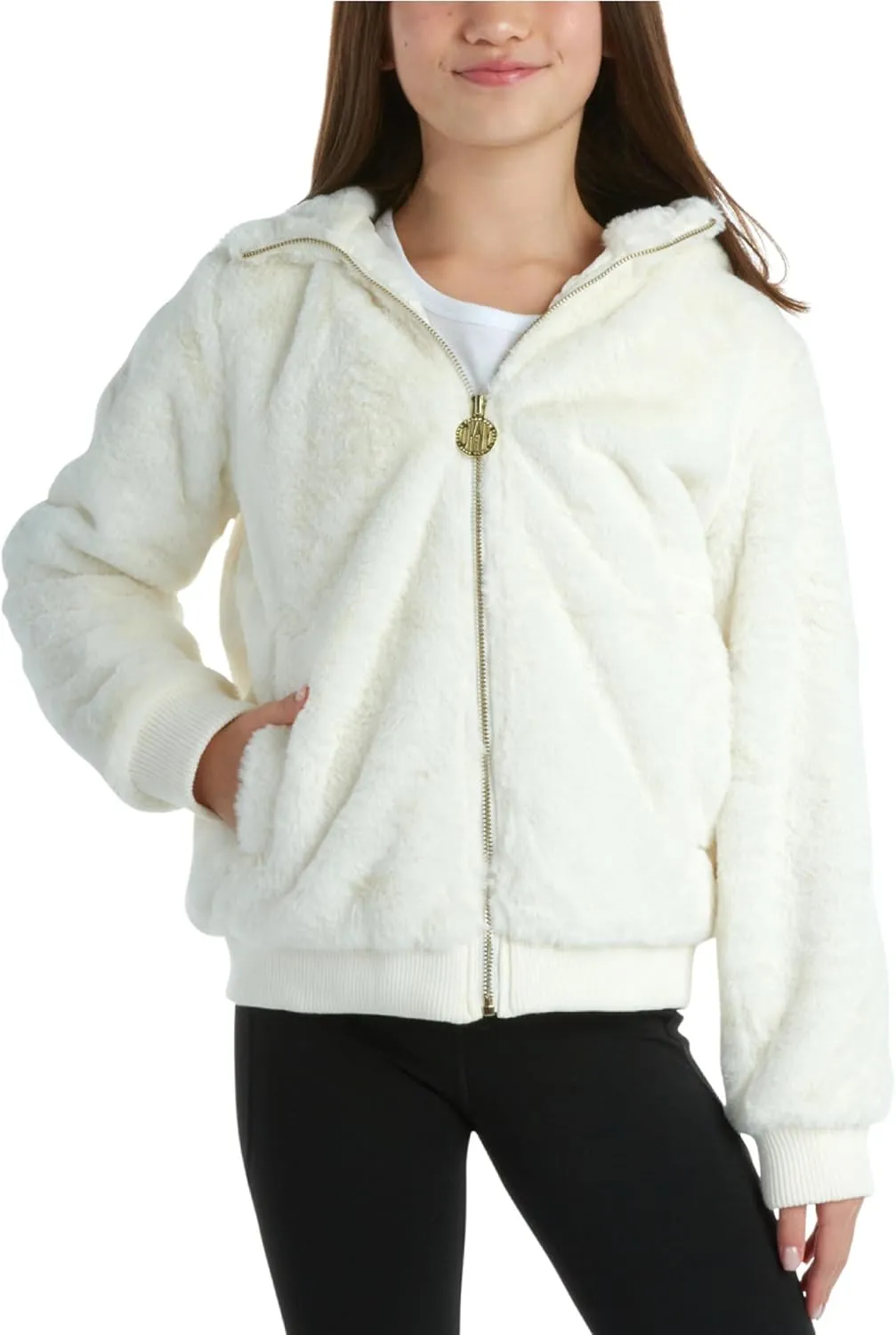 DKNY Girls' Winter Jacket - Full Zip Up Faux Fur Sherpa Girl's Bomber Jacket - Warm Hooded Teddy Coat for Girls (7-16)