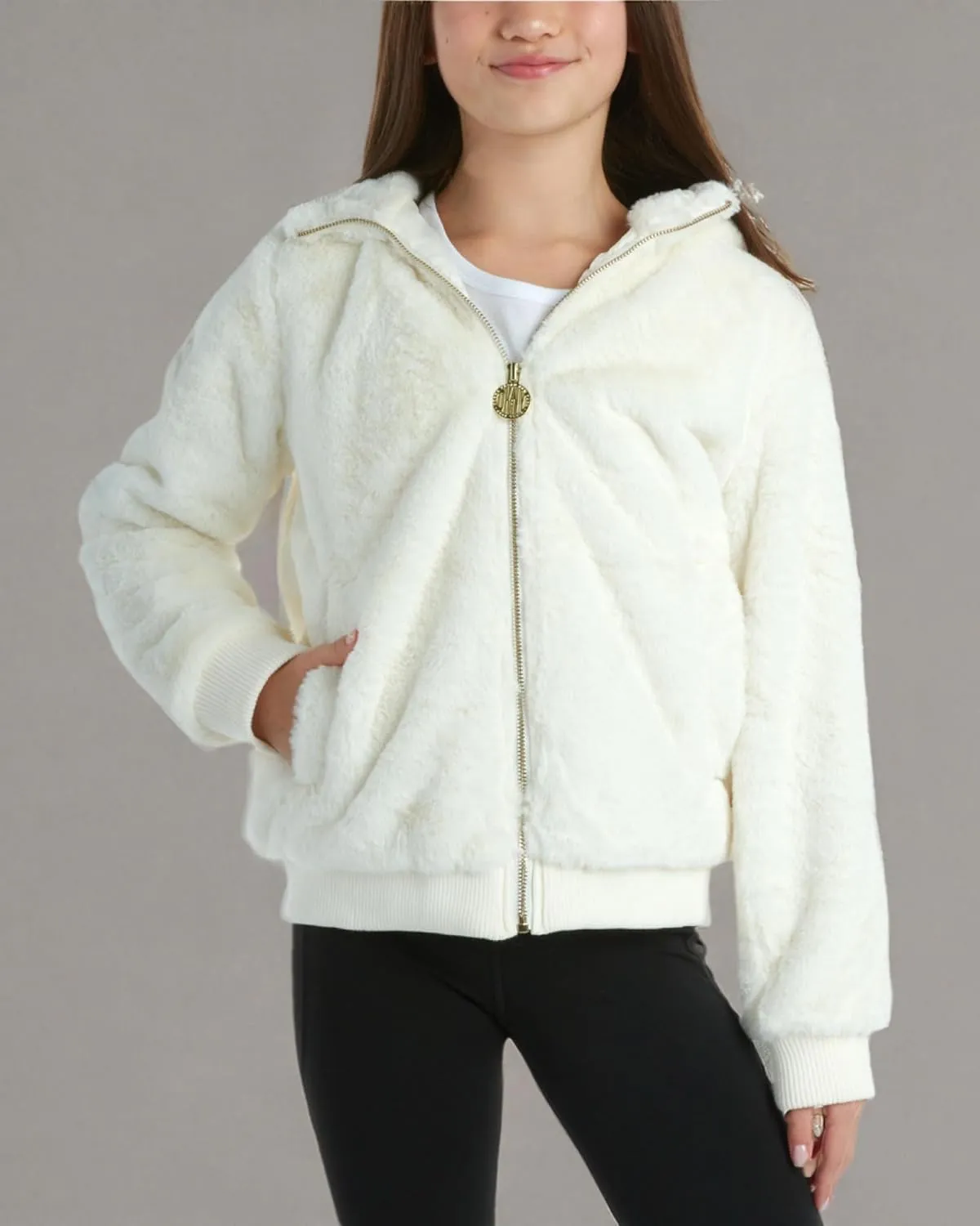 DKNY Girls' Winter Jacket - Full Zip Up Faux Fur Sherpa Girl's Bomber Jacket - Warm Hooded Teddy Coat for Girls (7-16)