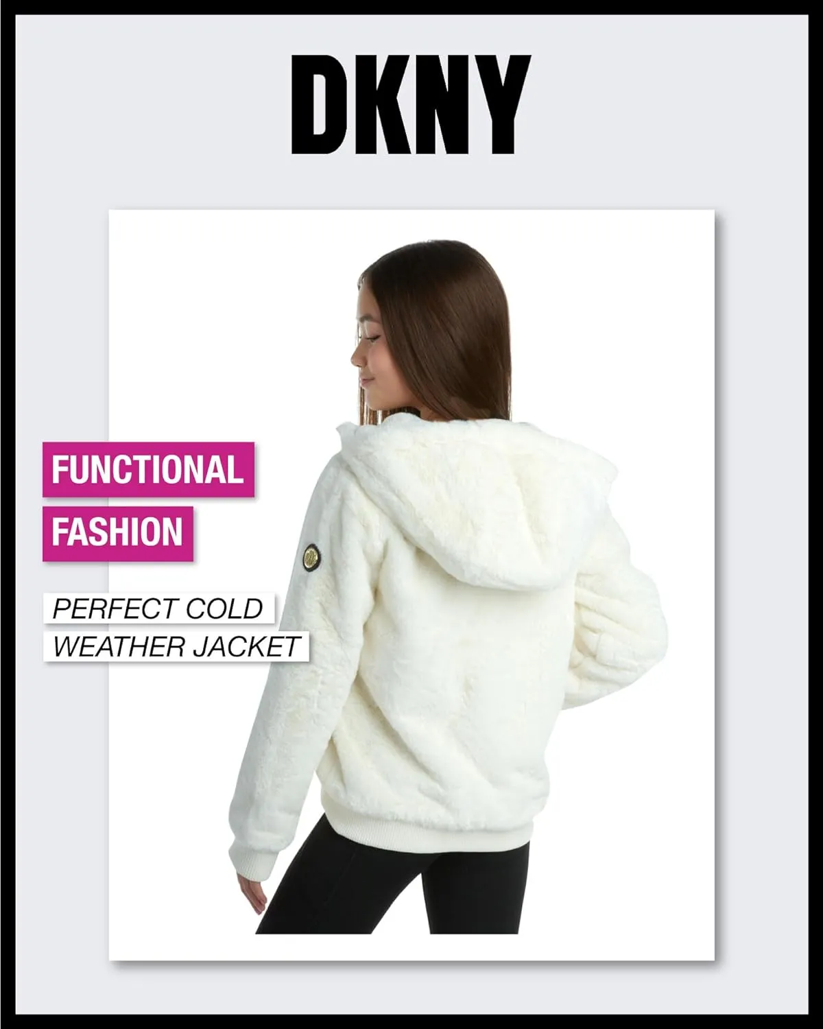 DKNY Girls' Winter Jacket - Full Zip Up Faux Fur Sherpa Girl's Bomber Jacket - Warm Hooded Teddy Coat for Girls (7-16)