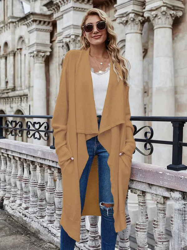 Drape Knitted Waterfall Collar Pocketed Cardigan Coat