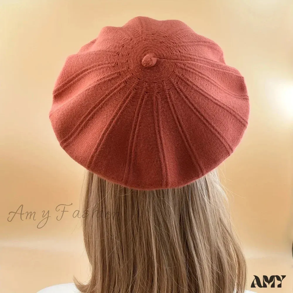 French Stripe Plaid Military Top Painter Beret Women Hat - Wool Knitted
