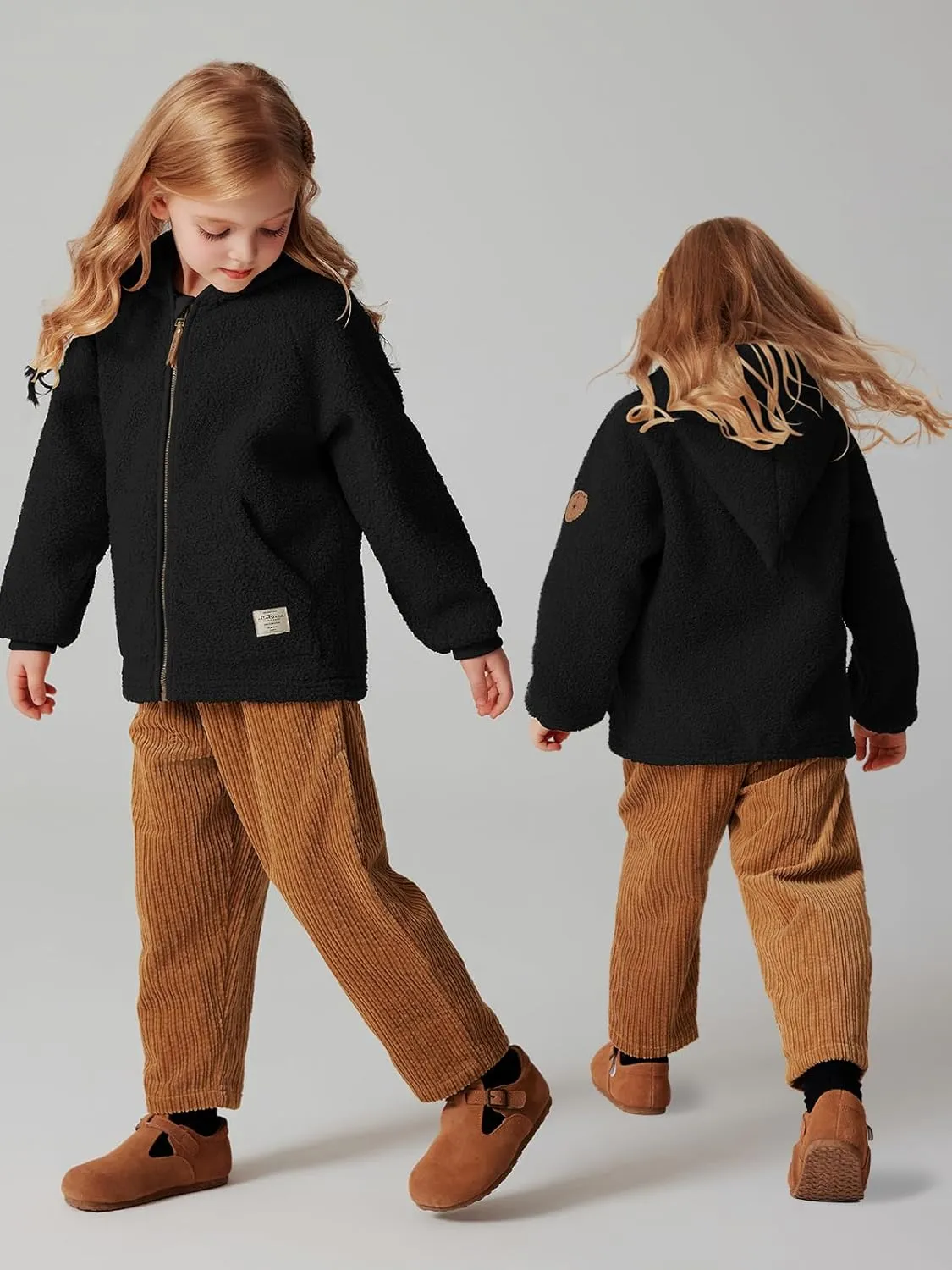 Girls Teddy Fleece Jacket Fall Winter Full Zip Coat Kids Lightweight Outwear Hoodie with Pockets