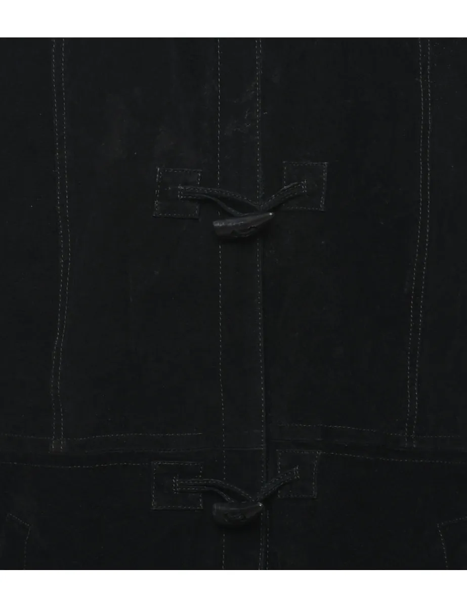 Hooded Black Faux Shealing Lined Suede Jacket - M