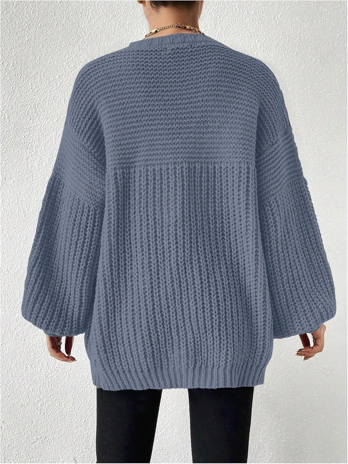 MakeMeChic Women's Chunky Knit Cardigan Open Front Casual Lantern Long Sleeve Sweaters