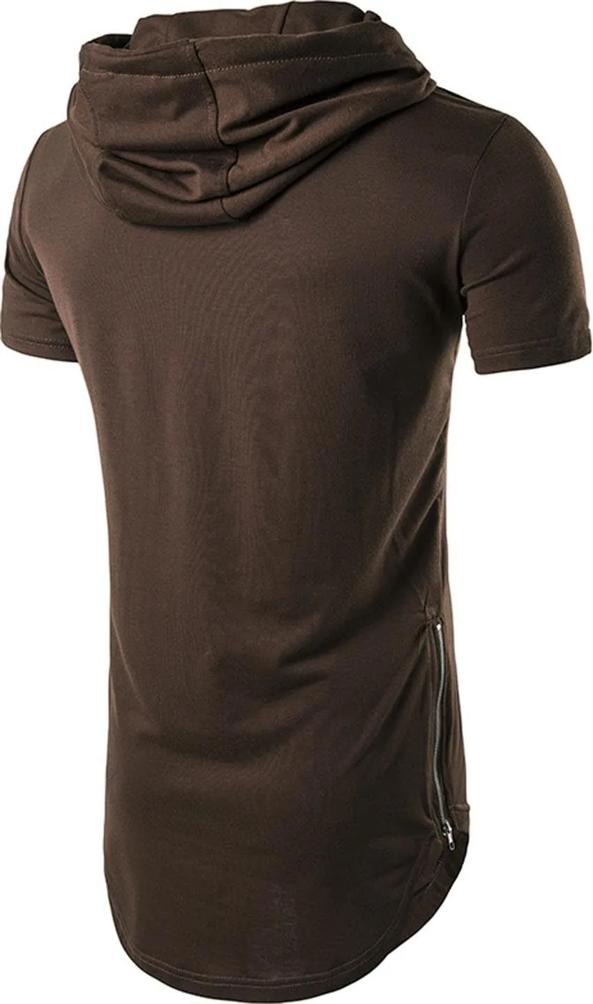 Mens Casual Longline T-Shirt Short Sleeve Hoodies Zipper Hip Hop Tee Tops JZA028