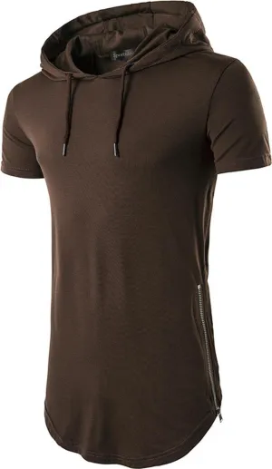 Mens Casual Longline T-Shirt Short Sleeve Hoodies Zipper Hip Hop Tee Tops JZA028