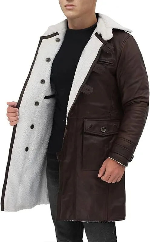 Mens Tom Hardy Dark Knight Bane Faux Fur Shearling Black Leather trench Swedish Bomber Coat