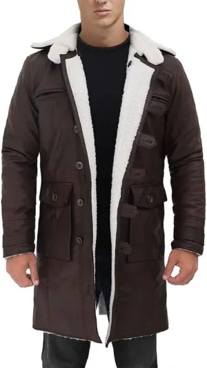 Mens Tom Hardy Dark Knight Bane Faux Fur Shearling Black Leather trench Swedish Bomber Coat