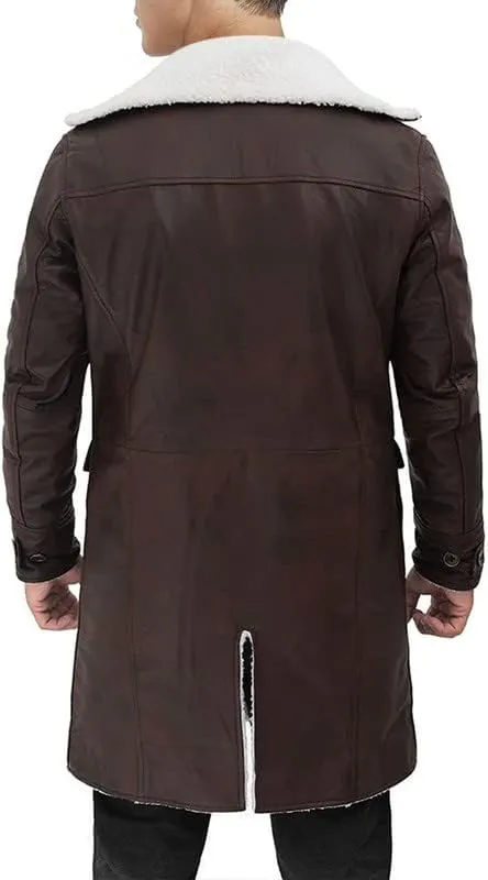 Mens Tom Hardy Dark Knight Bane Faux Fur Shearling Black Leather trench Swedish Bomber Coat