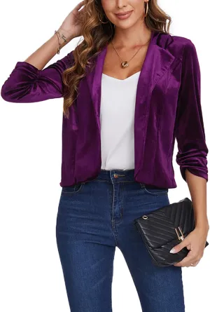 MINTLIMIT Velvet Blazer 3/4 Ruched Sleeve Notched Lapel Button Front Casual Work Office Blazer Jackets