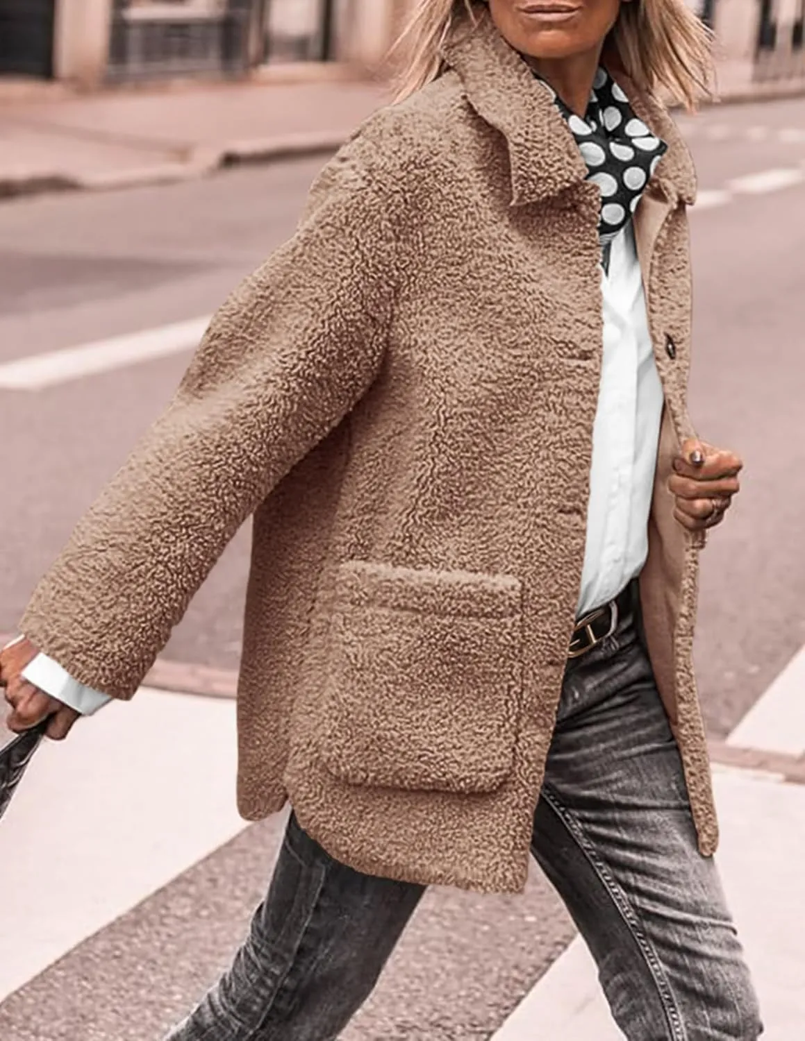 PRETTYGARDEN Women's Winter Faux Fur Coats Long Sleeve Lapel Button Down Pockets Fleece Sherpa Jacket Casual Trendy Outerwear