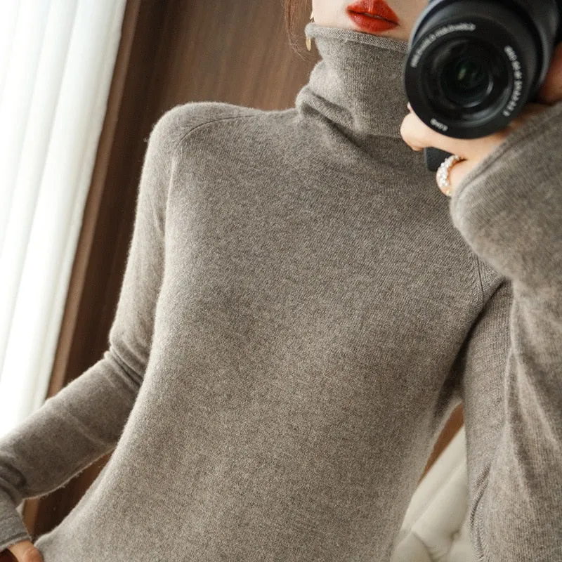 Wjczt Women Sweater Winter Cashmere Turtleneck Warm Knitwear Korean Casual Solid Bottoming Shirt Fashion Knit Pullovers Brown Sweater