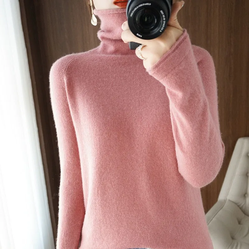 Wjczt Women Sweater Winter Cashmere Turtleneck Warm Knitwear Korean Casual Solid Bottoming Shirt Fashion Knit Pullovers Brown Sweater