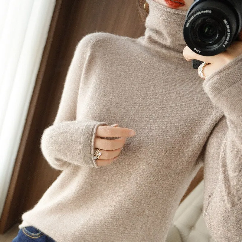 Wjczt Women Sweater Winter Cashmere Turtleneck Warm Knitwear Korean Casual Solid Bottoming Shirt Fashion Knit Pullovers Brown Sweater