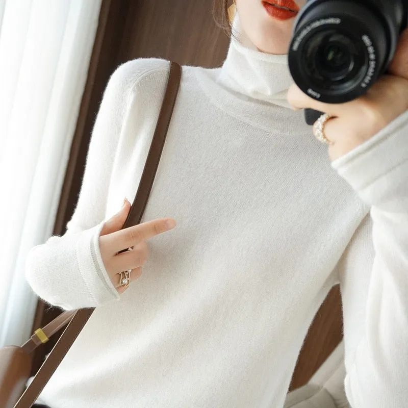 Wjczt Women Sweater Winter Cashmere Turtleneck Warm Knitwear Korean Casual Solid Bottoming Shirt Fashion Knit Pullovers Brown Sweater