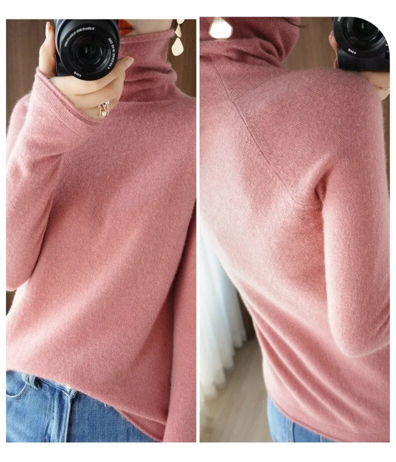 Wjczt Women Sweater Winter Cashmere Turtleneck Warm Knitwear Korean Casual Solid Bottoming Shirt Fashion Knit Pullovers Brown Sweater