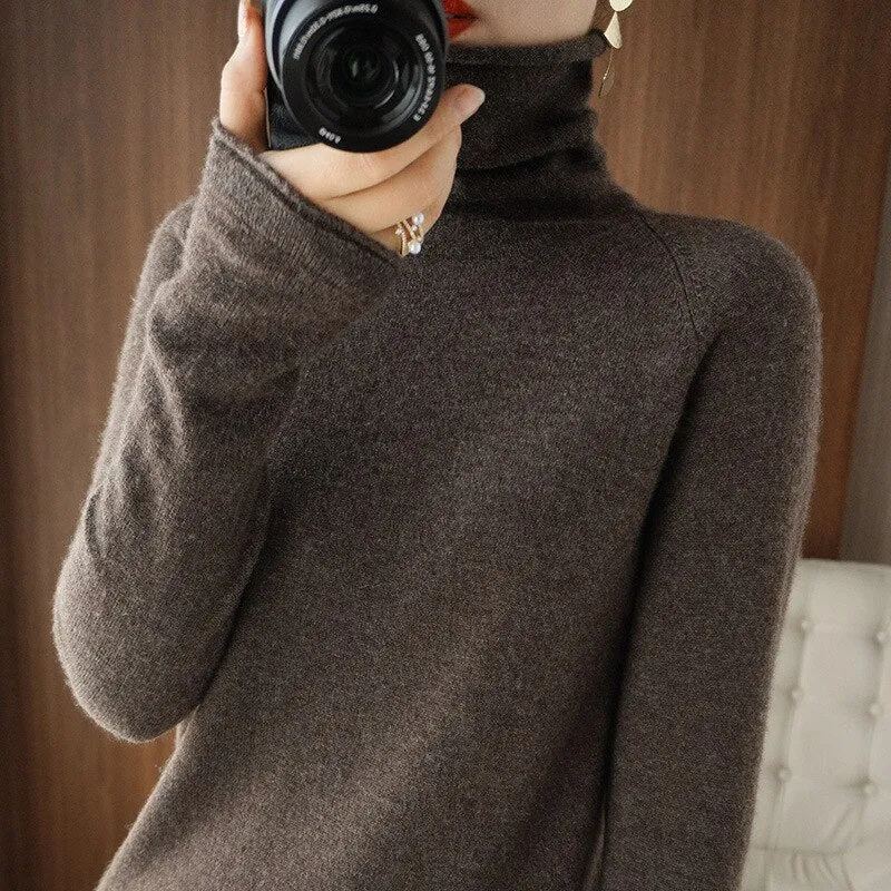 Wjczt Women Sweater Winter Cashmere Turtleneck Warm Knitwear Korean Casual Solid Bottoming Shirt Fashion Knit Pullovers Brown Sweater