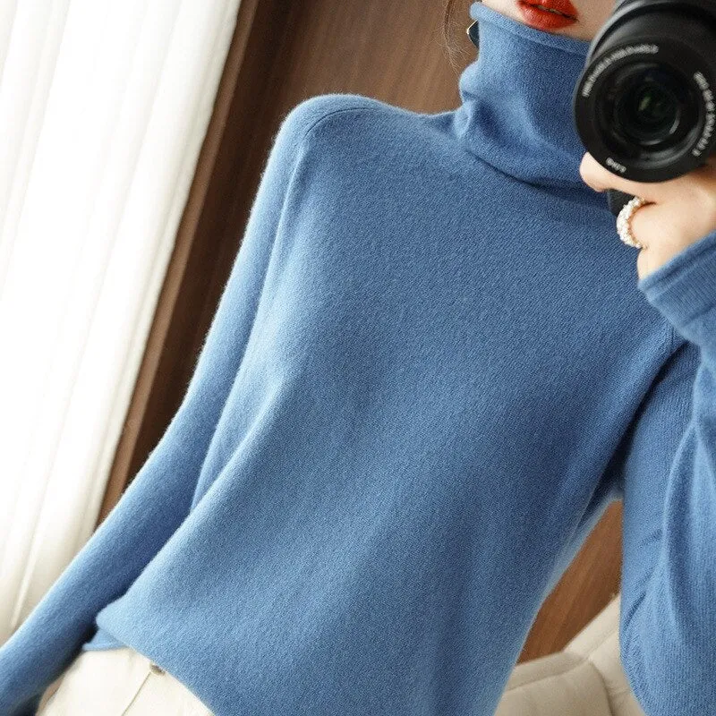 Wjczt Women Sweater Winter Cashmere Turtleneck Warm Knitwear Korean Casual Solid Bottoming Shirt Fashion Knit Pullovers Brown Sweater