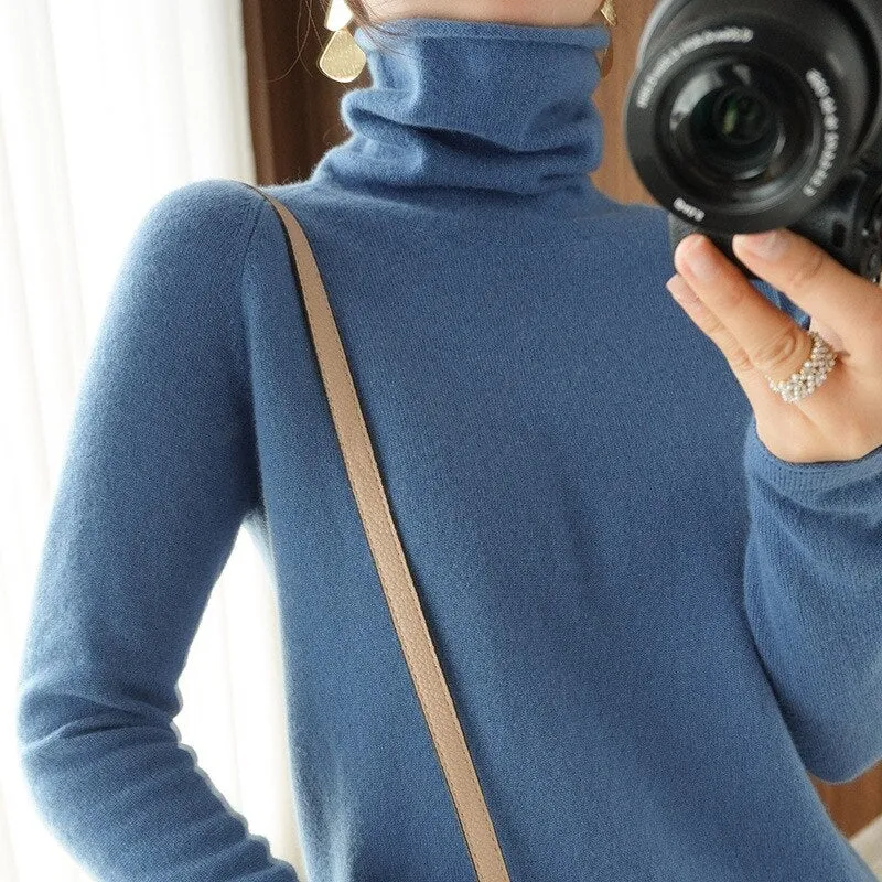 Wjczt Women Sweater Winter Cashmere Turtleneck Warm Knitwear Korean Casual Solid Bottoming Shirt Fashion Knit Pullovers Brown Sweater