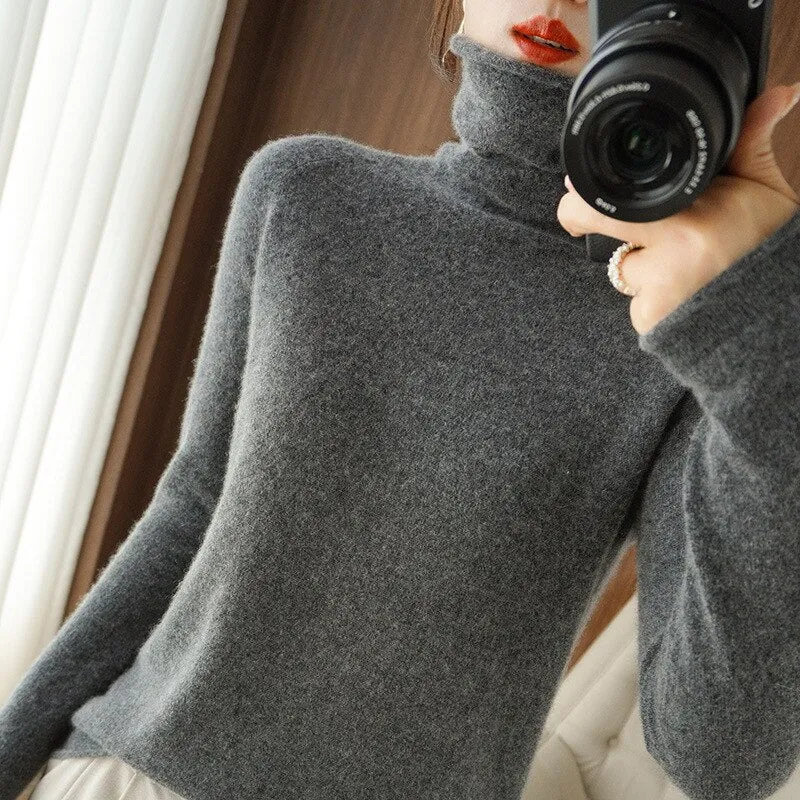 Wjczt Women Sweater Winter Cashmere Turtleneck Warm Knitwear Korean Casual Solid Bottoming Shirt Fashion Knit Pullovers Brown Sweater
