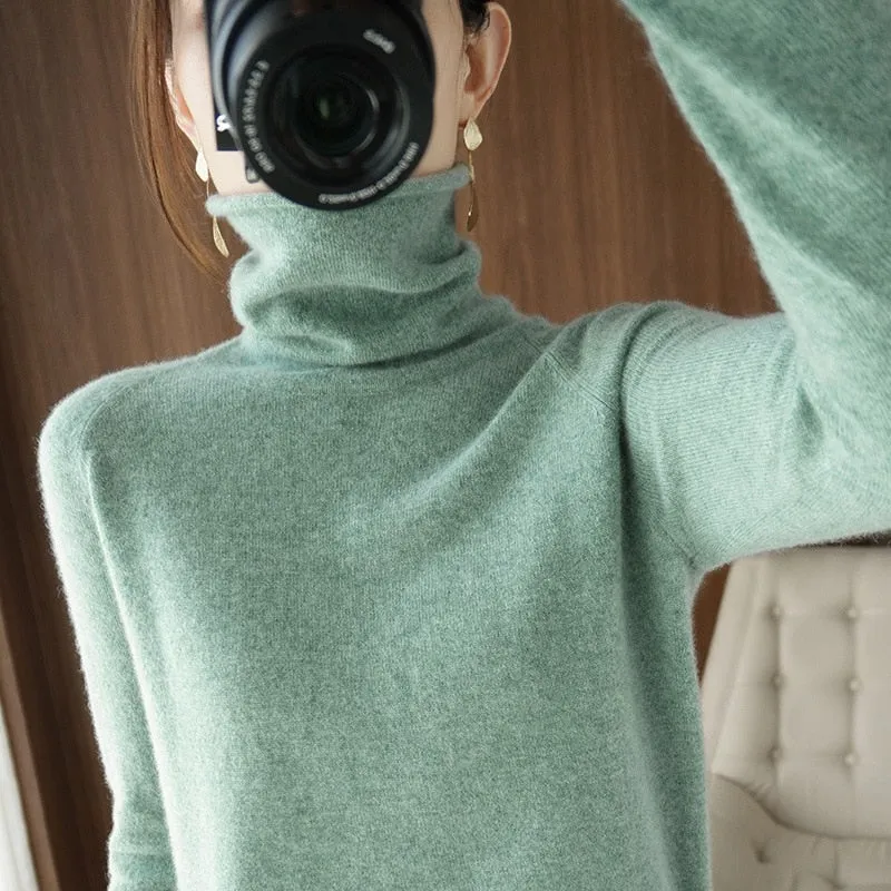 Wjczt Women Sweater Winter Cashmere Turtleneck Warm Knitwear Korean Casual Solid Bottoming Shirt Fashion Knit Pullovers Brown Sweater