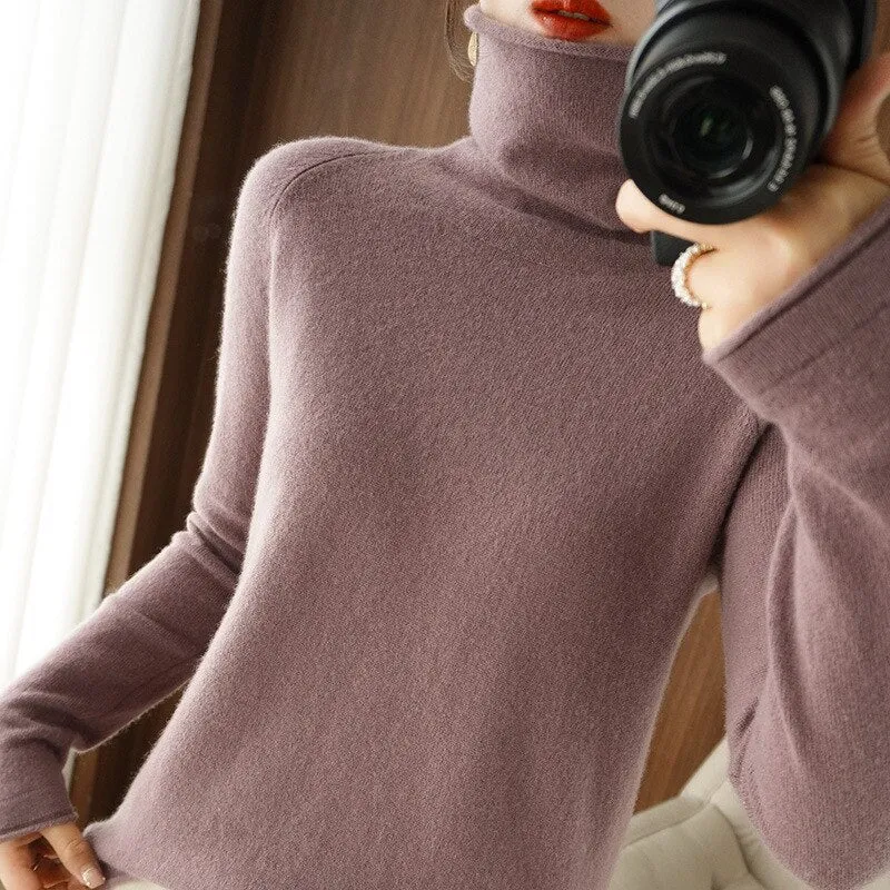 Wjczt Women Sweater Winter Cashmere Turtleneck Warm Knitwear Korean Casual Solid Bottoming Shirt Fashion Knit Pullovers Brown Sweater