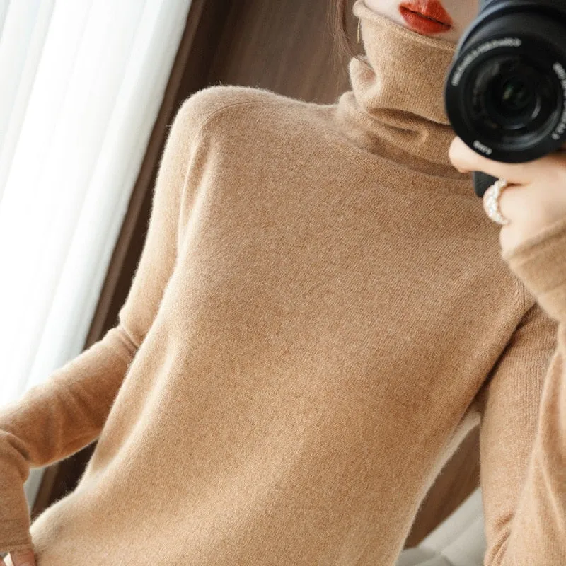 Wjczt Women Sweater Winter Cashmere Turtleneck Warm Knitwear Korean Casual Solid Bottoming Shirt Fashion Knit Pullovers Brown Sweater