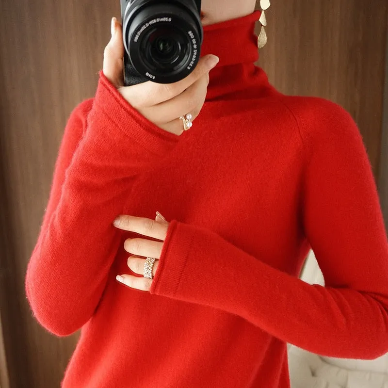 Wjczt Women Sweater Winter Cashmere Turtleneck Warm Knitwear Korean Casual Solid Bottoming Shirt Fashion Knit Pullovers Brown Sweater