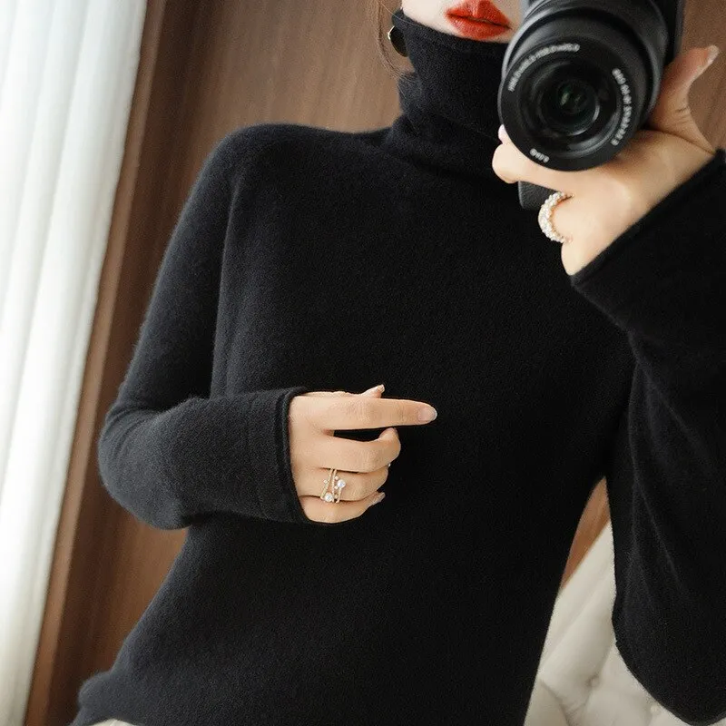 Wjczt Women Sweater Winter Cashmere Turtleneck Warm Knitwear Korean Casual Solid Bottoming Shirt Fashion Knit Pullovers Brown Sweater