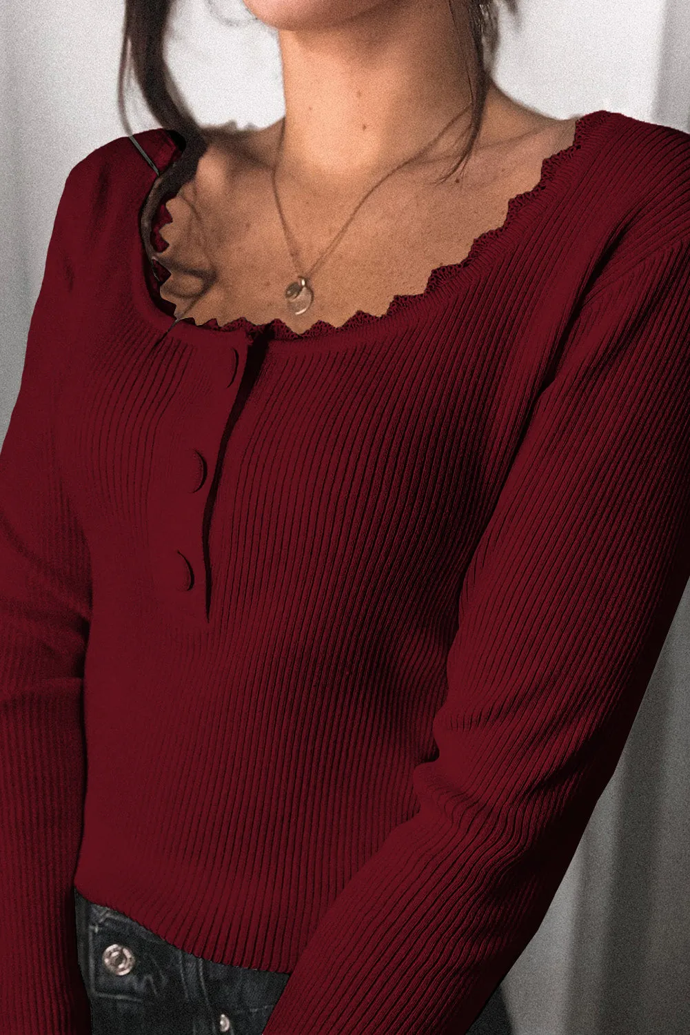 Women Gray Lace Knitted Buttoned Long Sleeve Sweater