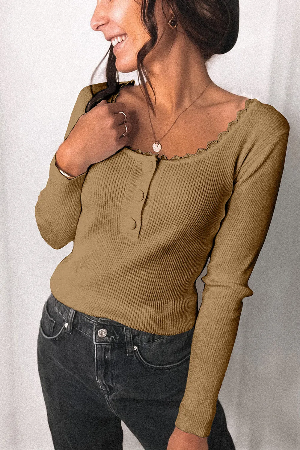 Women Gray Lace Knitted Buttoned Long Sleeve Sweater