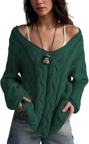Womens Oversized Sweater Slouchy Wide V Neck Pullover Sweater Casual Long Sleeve Cable Knit Chunky Sweaters Tops