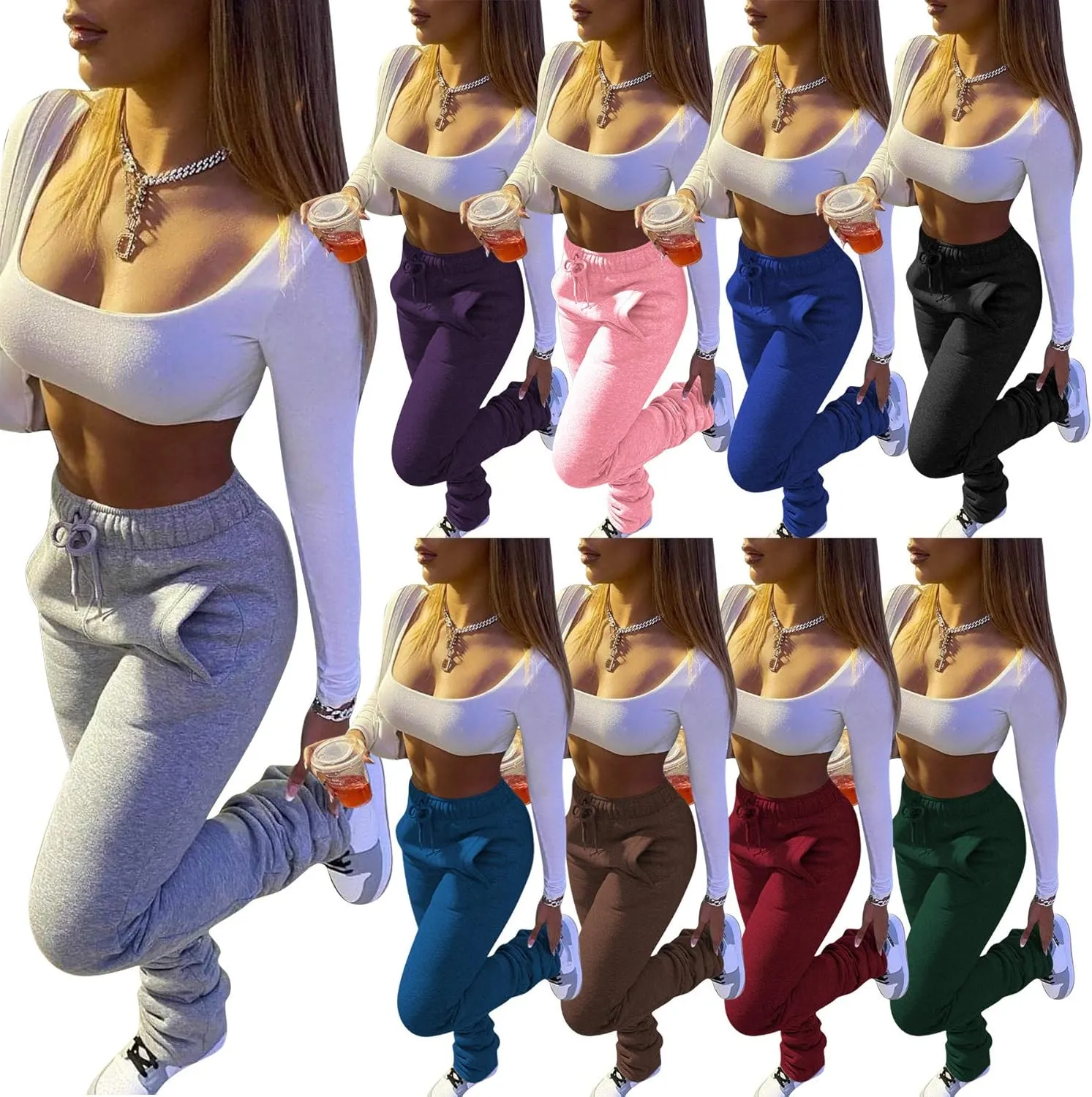 Womens Stacked Fleece Sweatpants Sherpa Lined Thicked Warm Athletic Active Jogger Ruched Lounge Pants
