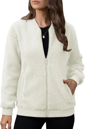 YUCOLEN Women's Fleece Bomber Jacket Trendy Full Zip Sherpa Jackets Warm Winter Coat with Pockets