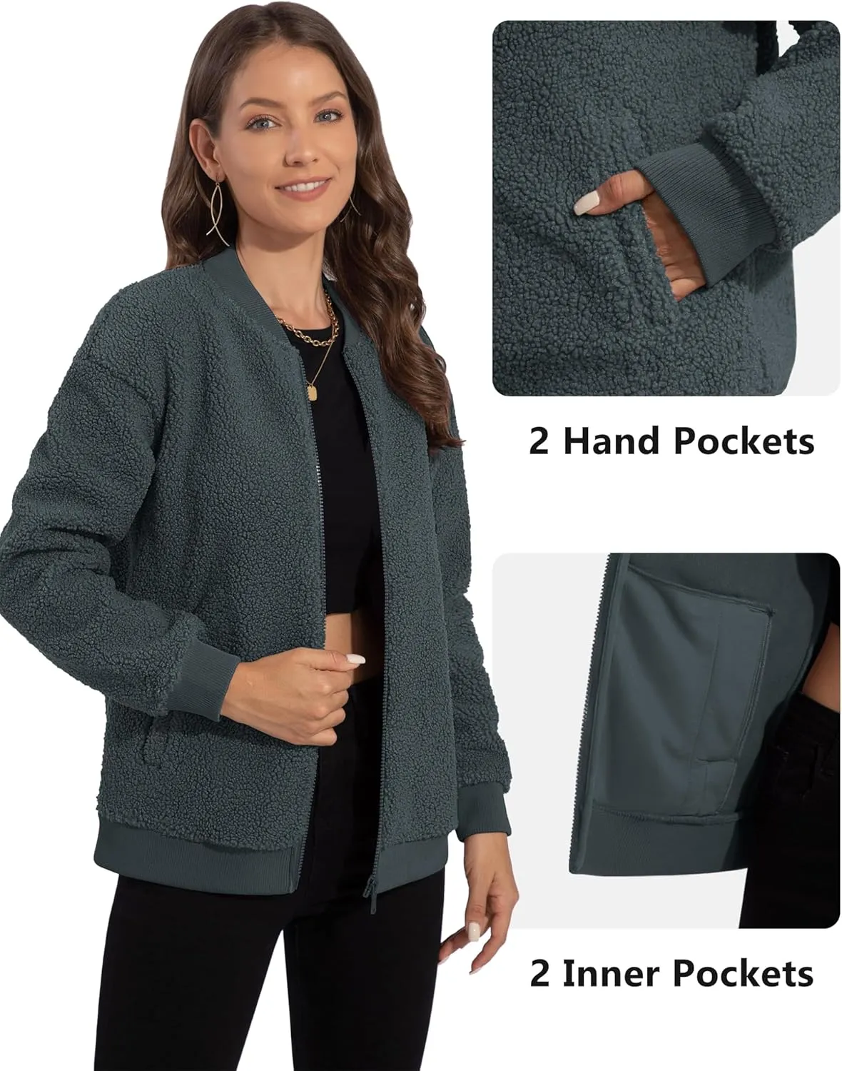 YUCOLEN Women's Fleece Bomber Jacket Trendy Full Zip Sherpa Jackets Warm Winter Coat with Pockets