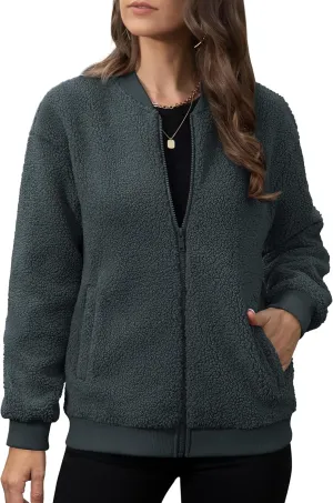 YUCOLEN Women's Fleece Bomber Jacket Trendy Full Zip Sherpa Jackets Warm Winter Coat with Pockets