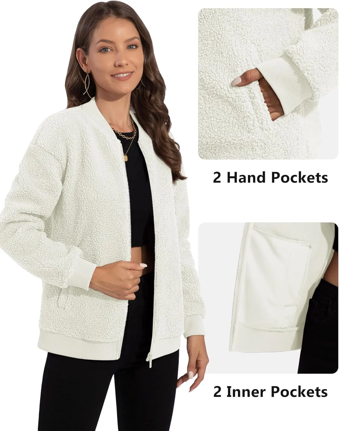 YUCOLEN Women's Fleece Bomber Jacket Trendy Full Zip Sherpa Jackets Warm Winter Coat with Pockets