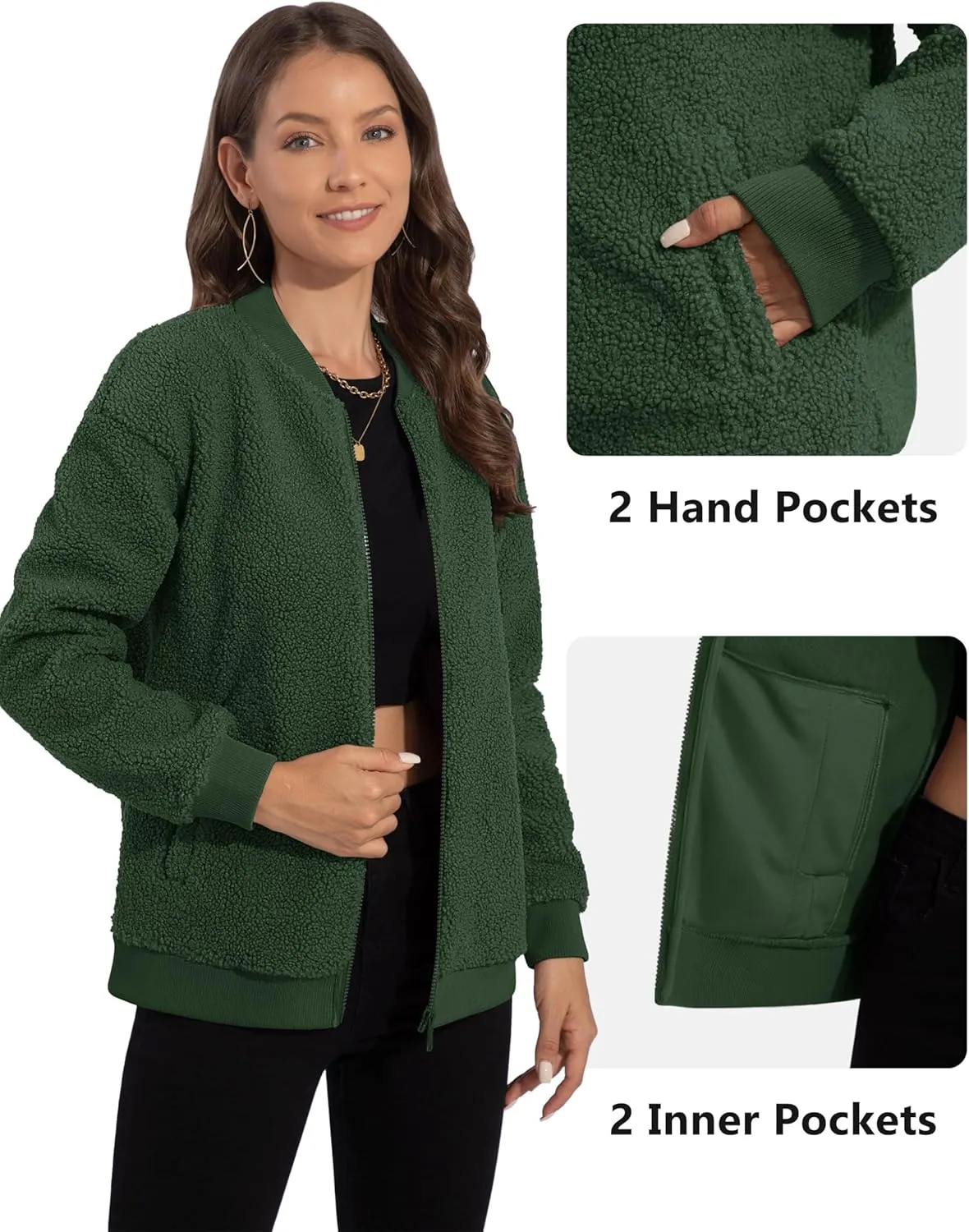 YUCOLEN Women's Fleece Bomber Jacket Trendy Full Zip Sherpa Jackets Warm Winter Coat with Pockets