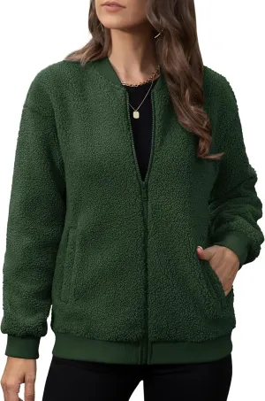 YUCOLEN Women's Fleece Bomber Jacket Trendy Full Zip Sherpa Jackets Warm Winter Coat with Pockets