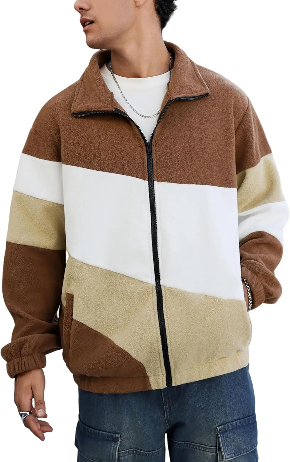 ZAFUL Men's Casual Colorblock Sherpa Jacket Long Sleeve Full-Zip Teddy Coat Retro Style Fleece Shacket with Pockets
