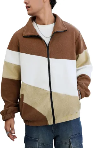 ZAFUL Men's Casual Colorblock Sherpa Jacket Long Sleeve Full-Zip Teddy Coat Retro Style Fleece Shacket with Pockets
