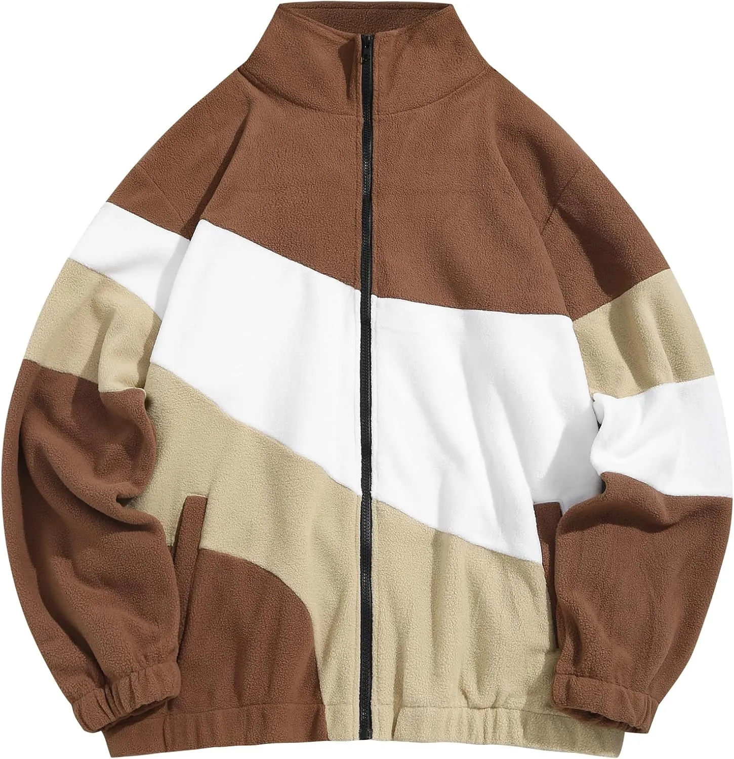 ZAFUL Men's Casual Colorblock Sherpa Jacket Long Sleeve Full-Zip Teddy Coat Retro Style Fleece Shacket with Pockets